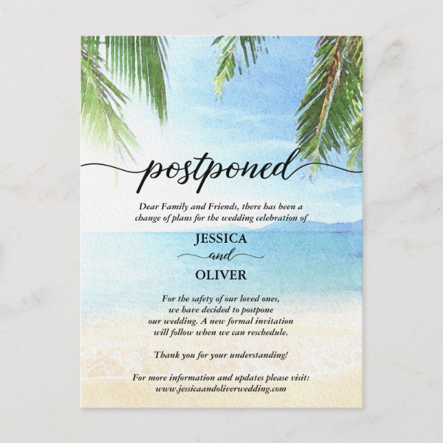 Hochzeitsankündigung am Strand verschoben Postkart Ankündigungspostkarte (Vorderseite)