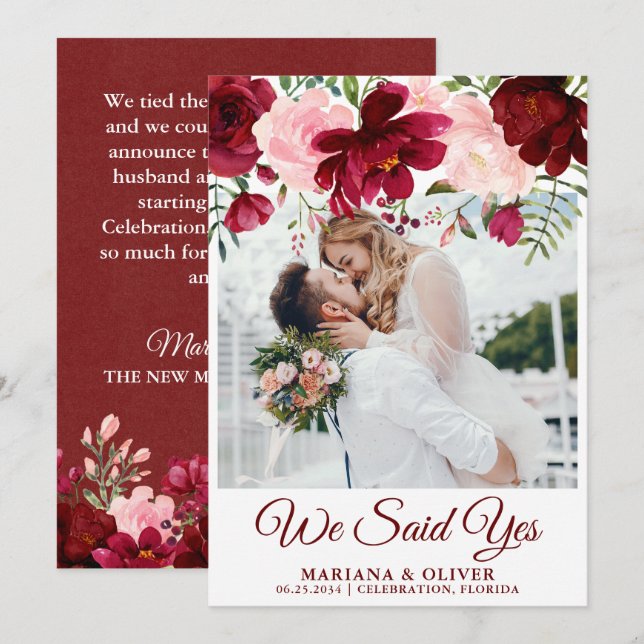 Hochzeitsankündigung Burgundy Pink Floral Einladung (Vorne/Hinten)