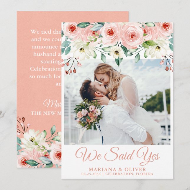 Hochzeitsankündigung Peach White Floral Einladung (Vorne/Hinten)