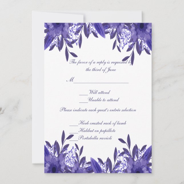 Hochzeitsansprechkarte für lila blaue Blätter Einladung (Vorderseite)