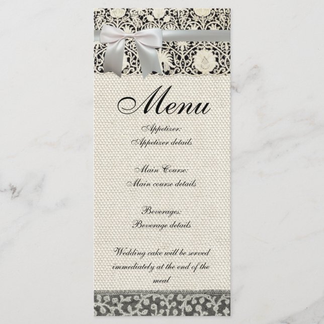 Hochzeitsantike Spitzen Linen Weiße klassische Hüb Menükarte (Vorderseite)
