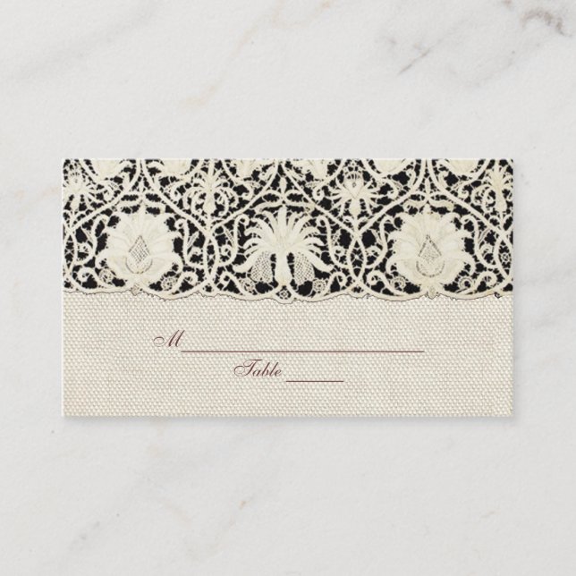 Hochzeitsantike Spitzen Linen Weiße klassische Hüb Platzkarte (Vorderseite)