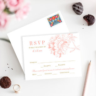 Hochzeitsantwort mit Menü in Korallenpfingstrose RSVP Karte