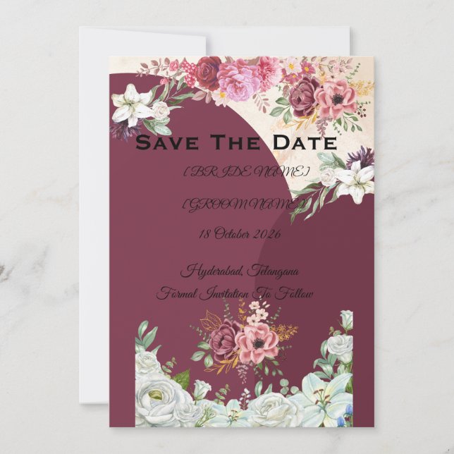 Hochzeitsanzeige in Burgundrot Save The Date (Vorderseite)