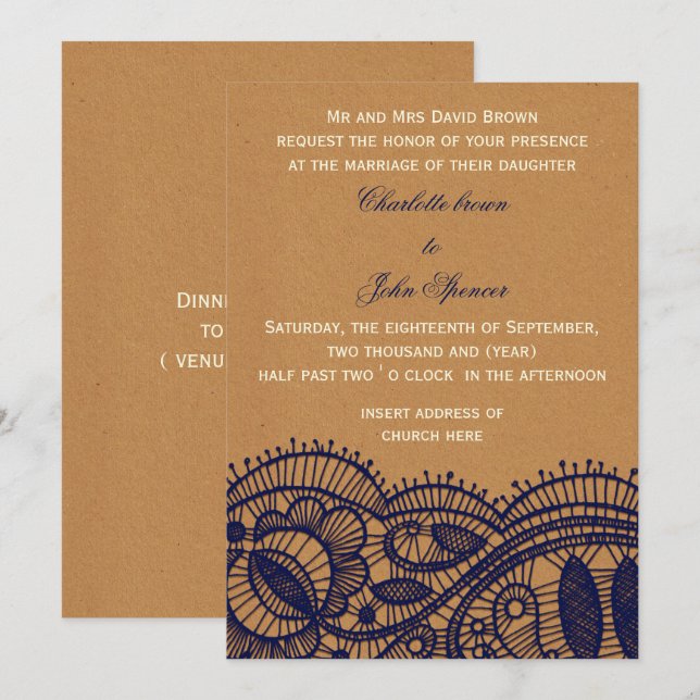 Hochzeitsarbeiten für Navy Lace und Kraft Papier Einladung (Vorne/Hinten)