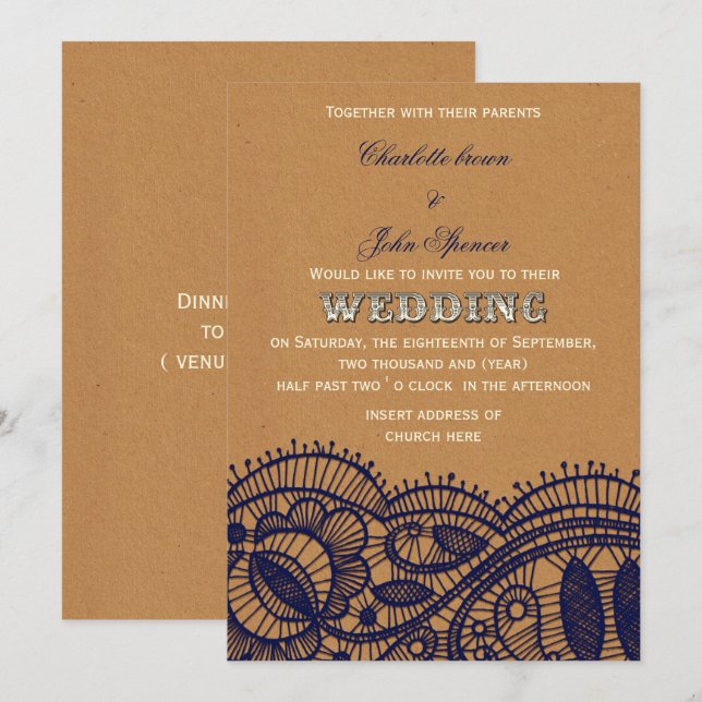 Hochzeitsarbeiten für Navy Lace und Kraft Papier Einladung (Vorne/Hinten)