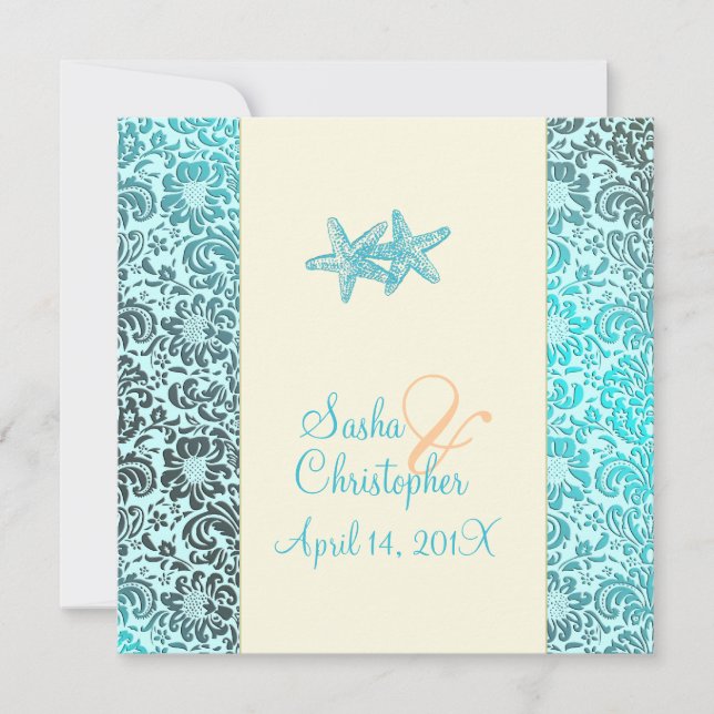 Hochzeitsaufenthalte von Starfish und Damast Einladung (Vorderseite)
