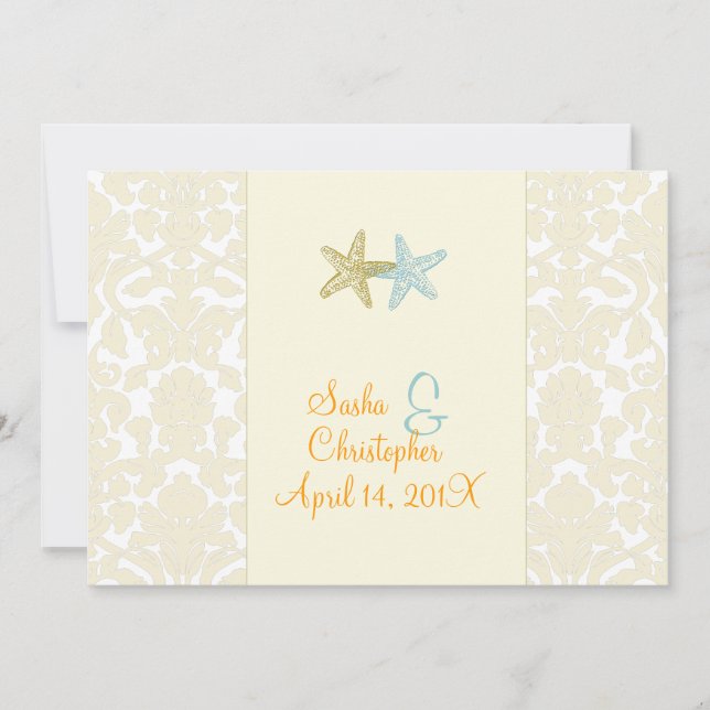 Hochzeitsaufenthalte von Starfish und Damast Einladung (Vorderseite)