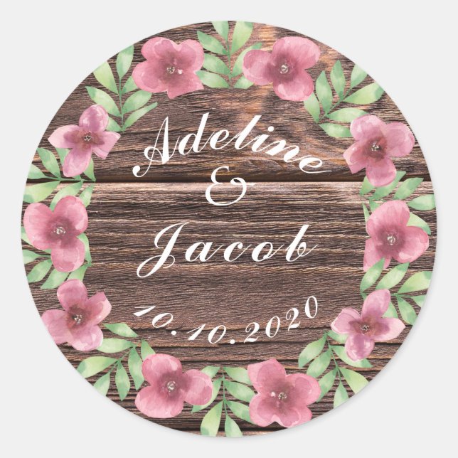 Hochzeitsaufkleber aus rustikalem Holz Runder Aufkleber (Vorderseite)