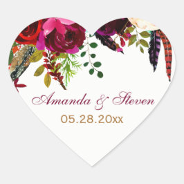 Hochzeitsaufkleber - Burgunder Blüte, Federn Herz-Aufkleber