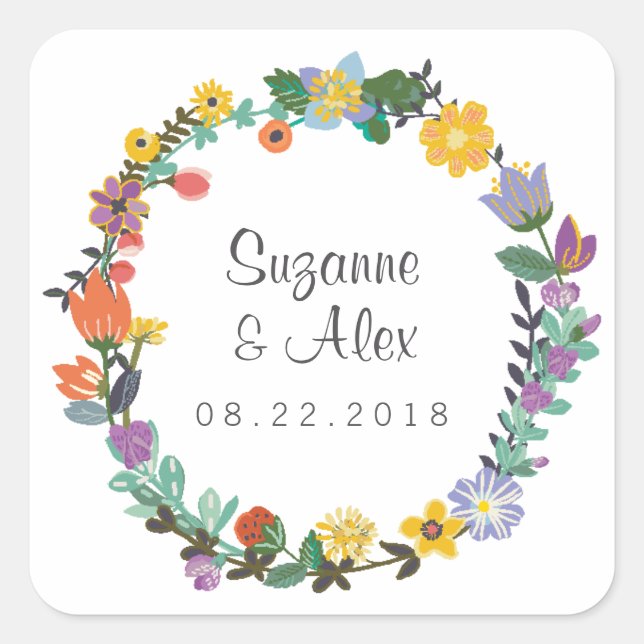 Hochzeitsaufkleber für helle Blumenfrüchte Quadratischer Aufkleber (Vorderseite)
