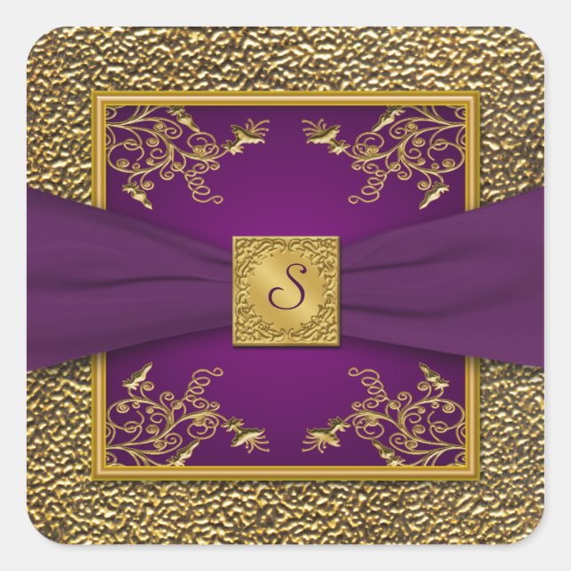 Hochzeitsaufkleber für lila und Goldflorale Quadratischer Aufkleber (Vorderseite)