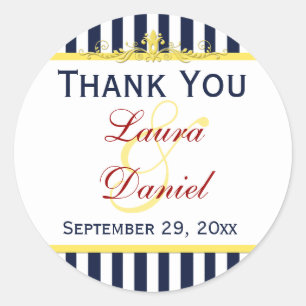 Hochzeitsaufkleber für Navy, White Yellow Stripes Runder Aufkleber