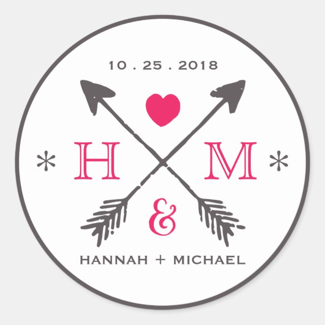 Hochzeitsaufkleber für rustikales Herz und Pfeil Runder Aufkleber (Vorderseite)