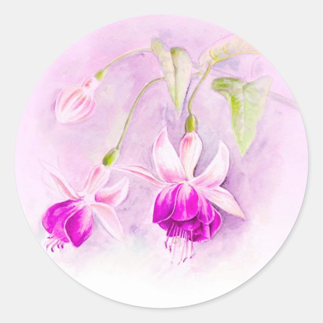 Hochzeitsaufkleber mit lila und rosa Fuchsia Blume Runder Aufkleber (Vorderseite)