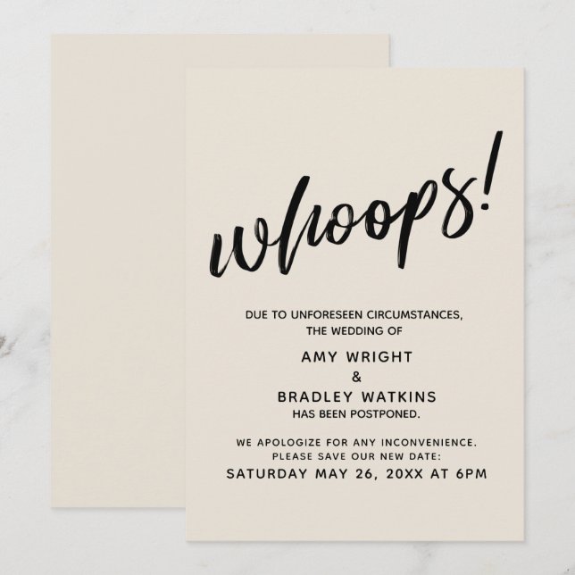 Hochzeitsaufschub Humor "Whoops"! Cremekarte Einladung (Vorne/Hinten)