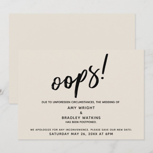 Hochzeitsaufschub Humorvolle "Oops"! Cremekarte Einladung (Vorne/Hinten)