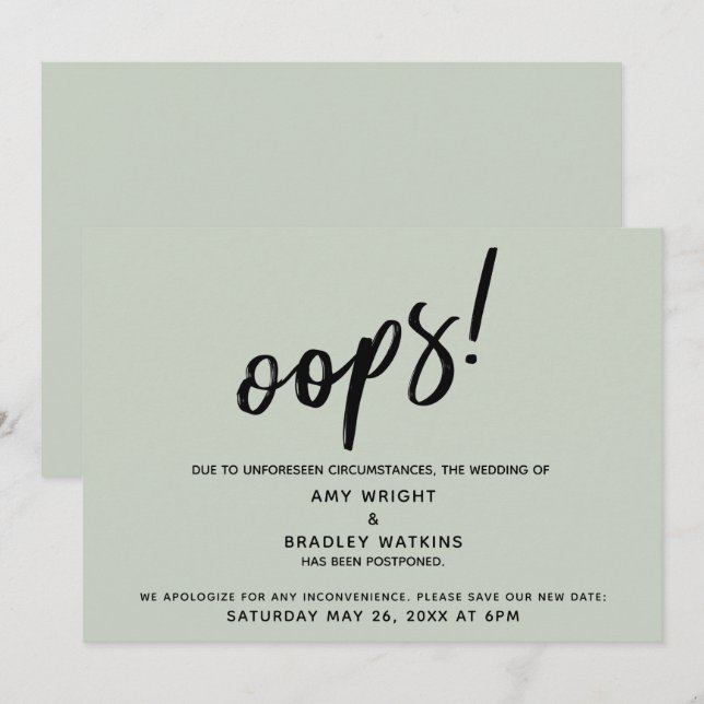 Hochzeitsaufschub Humorvolle "Oops"! Green Card Einladung (Vorne/Hinten)