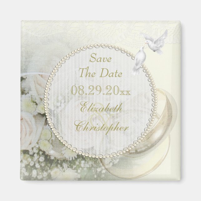 Hochzeitsbänder, Rose, Tauben und Spitzen Save the Magnet (Vorne)