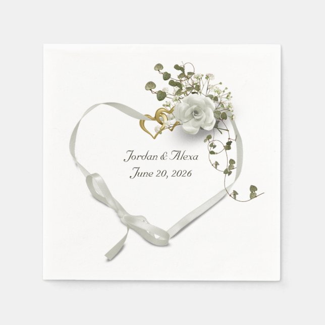 Hochzeitsbandherz mit Efeu-Bouquet der Rose Serviette (Vorderseite)