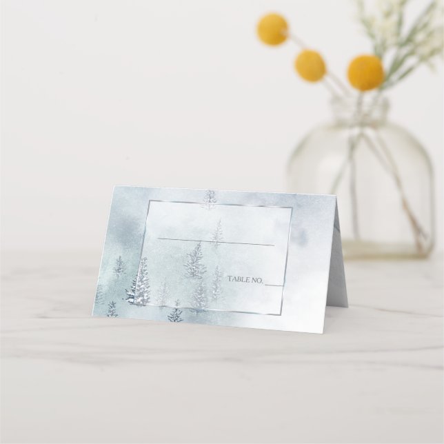 Hochzeitsbegleiter | Silver Blue Winter Wonderland Platzkarte (Vorderseite)