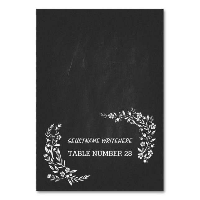 Hochzeitsbegleitkarten Schwarze Tafelblume Tischnummer (Vorderseite)