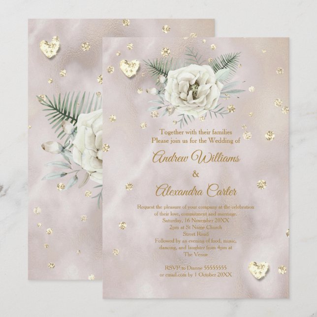 Hochzeitsbeige Gold White Rose Hearts Glitzer Einladung (Vorne/Hinten)