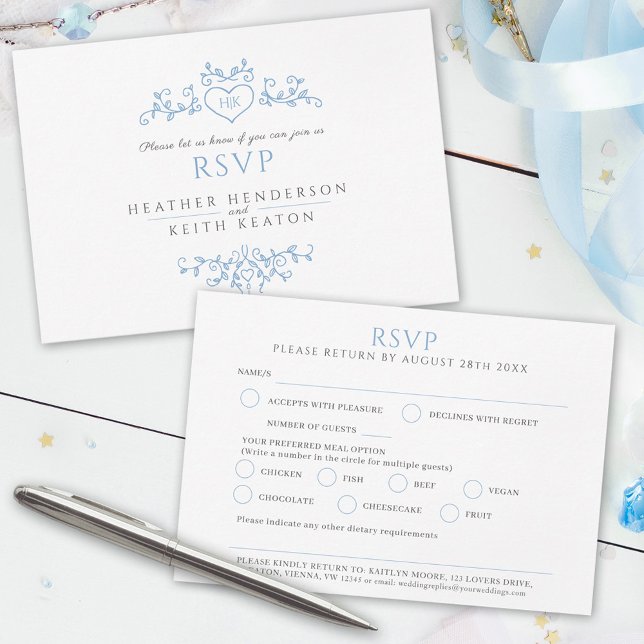 Hochzeitsblatt Art Mongram Blue Mahl Hochzeit RSVP Karte (Von Creator hochgeladen)