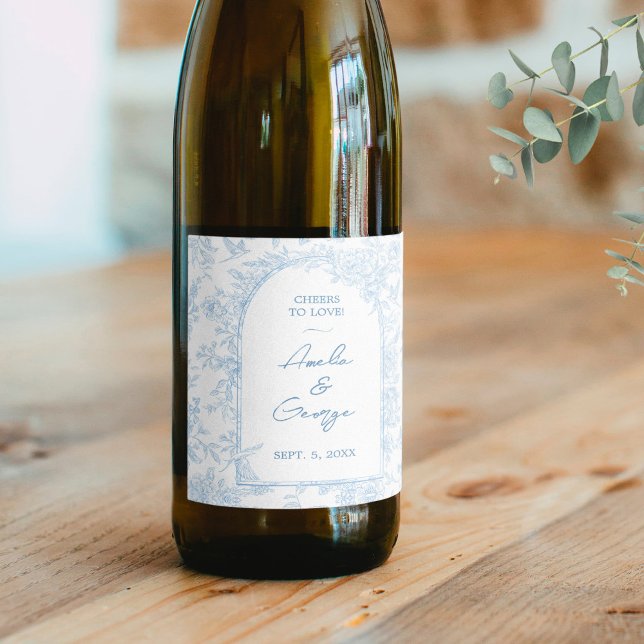 Hochzeitsbluetoilette Weinetikett (Wedding Blue and White French Toile Wine Label)