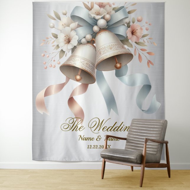 Hochzeitsblumen Bells Pink Blue Ribbons Schöne Wandteppich (Beispiel)