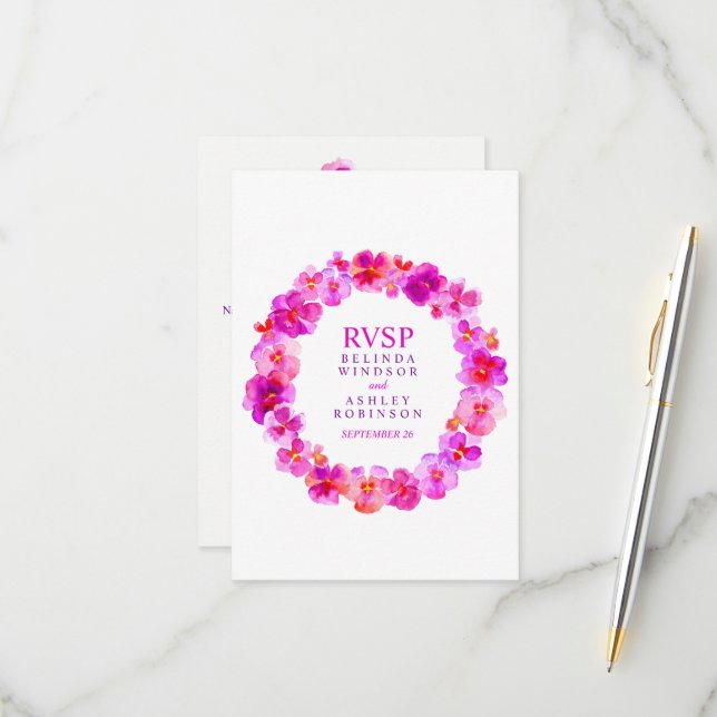 Hochzeitsblumenkranz-Pink RSVP Karte (Vorderseite/Rückseite Beispiel)
