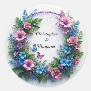 Hochzeitsblumenrahmen mit farbenfrohen Blumen Runder Aufkleber