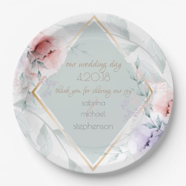 Hochzeitsbuffet | Blume Coral und Lilac Aquarelle Pappteller (Vorderseite)