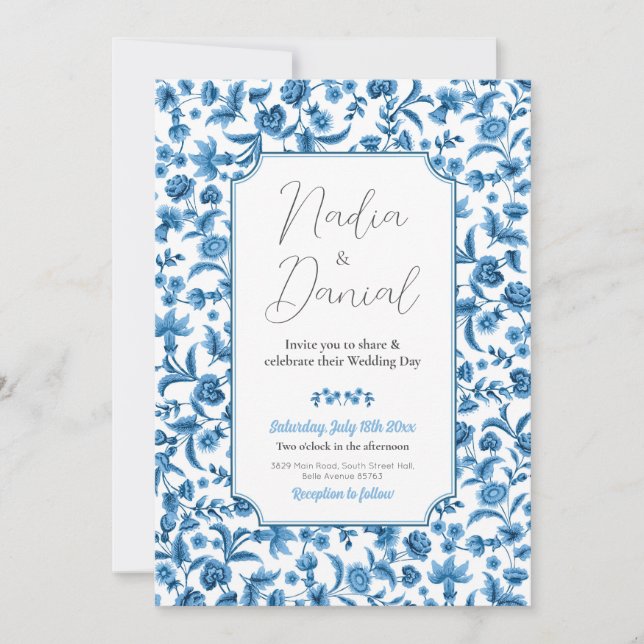 HochzeitsChintz Blau-Weiße Blumenditsy-Party Einladung (Vorderseite)