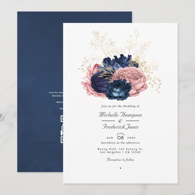 Hochzeitscodierung für Navy Blue and Pink Vintage  Einladung (Vorne/Hinten)