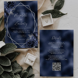 Hochzeitscodierung für Navy Blue Floral Silver Fra Einladung