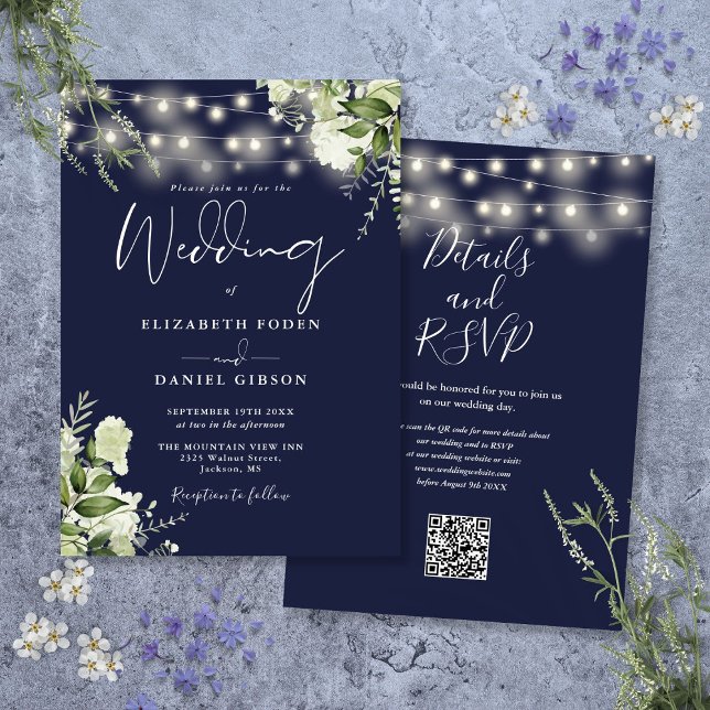 Hochzeitscodierung für Navy Blue String Lights Flo Einladung (Navy Blue String Lights Floral QR Code Wedding Invitation)