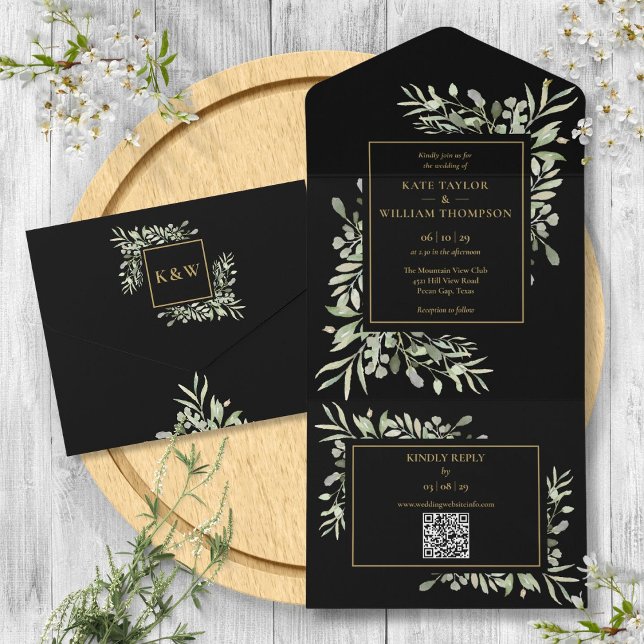 Hochzeitscodierung für Schwarz und Goldgrün All In One Einladung (Black And Gold Greenery Floral QR Code Wedding All In One Invitation)