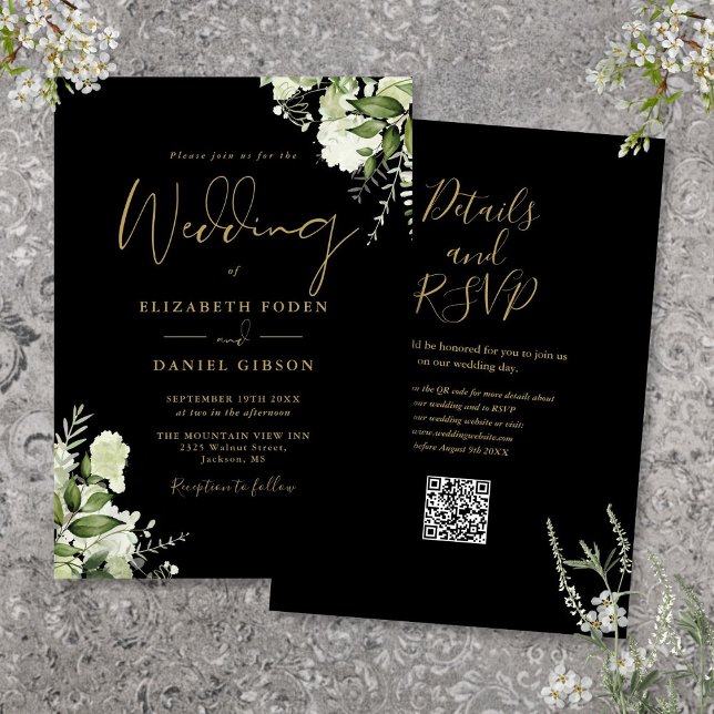 Hochzeitscodierung für Schwarz und Goldgrün Einladung (Black And Gold Greenery Floral QR Code Wedding Invitation)