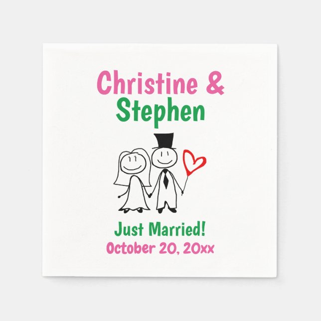 Hochzeitscouple Bride Groom Niedliches Strichmännc Serviette (Vorderseite)
