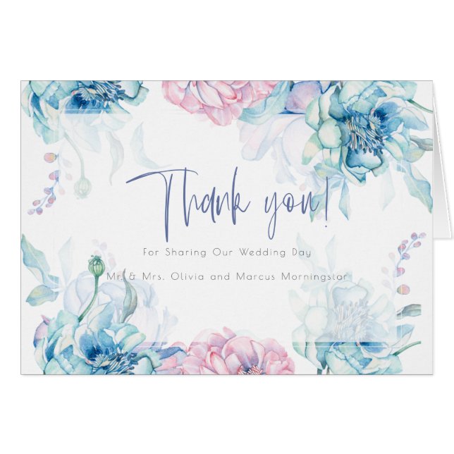 Hochzeitsdanke | Sky Blue Bubblegum Pink Peonies (Vorderseite (Horizontal))