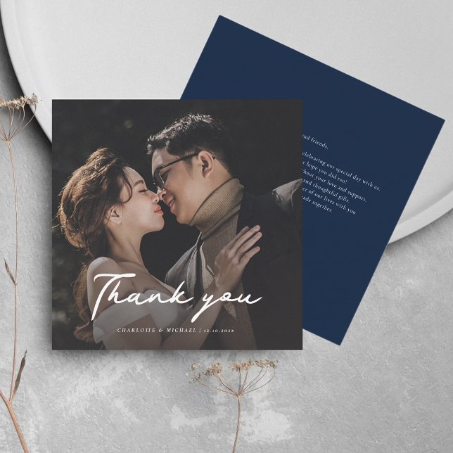 Hochzeitsdanken Elegantes Foto Script Custom Mitteilungskarte (Wedding Thank You Photo Script Square Navy Blue Mini Card)