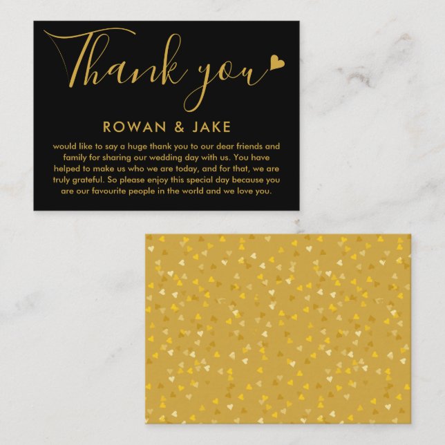 Hochzeitsdanken: Gold und Black Heart Script Platzkarte (Vorne/Hinten)