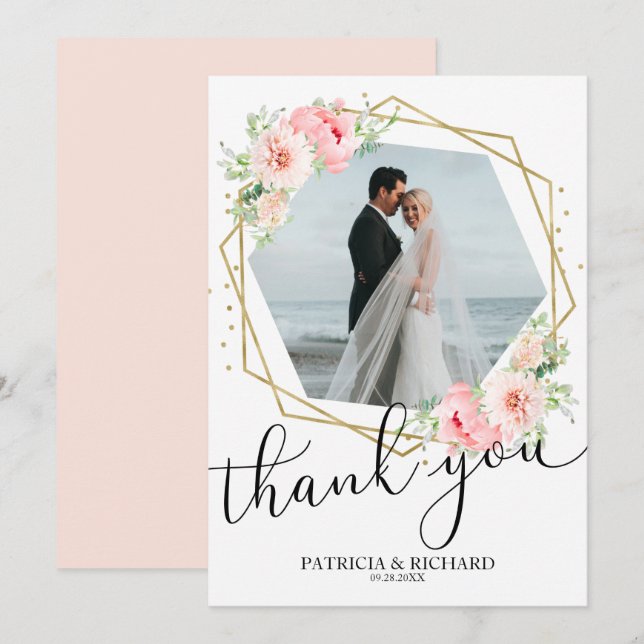 Hochzeitsdanken Sie Blush Floral Gold Foil Geometr Einladung (Vorne/Hinten)