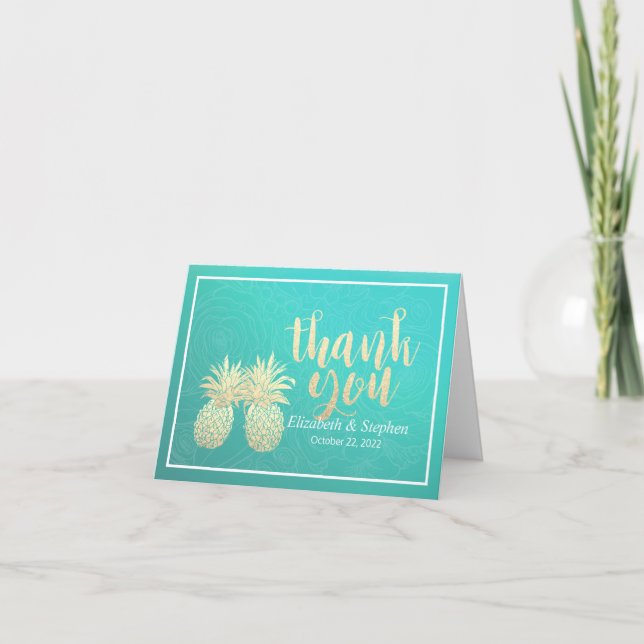 Hochzeitsdanken Sie Gold Ananas Couple Aquamarine  Dankeskarte (Vorderseite)