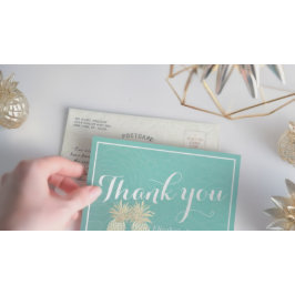Hochzeitsdanken Sie Gold Ananas Couple Aquamarine  Postkarte