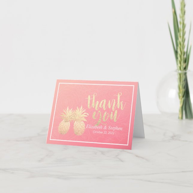 Hochzeitsdanken Sie Gold Ananas Couple Pink Roses Dankeskarte (Vorderseite)