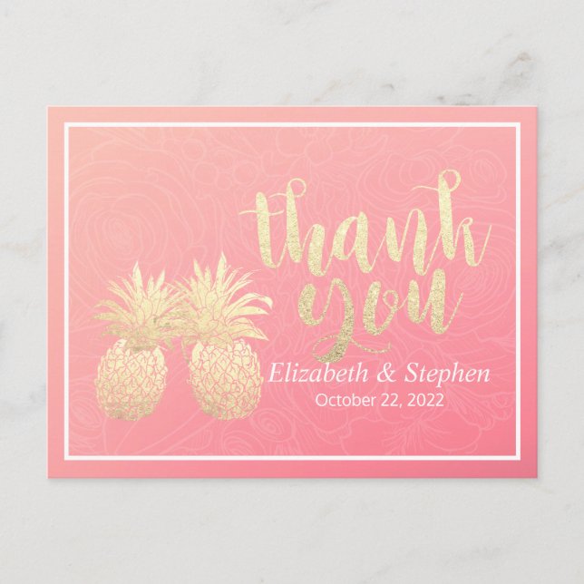 Hochzeitsdanken Sie Gold Ananas Couple Pink Roses Postkarte (Vorderseite)