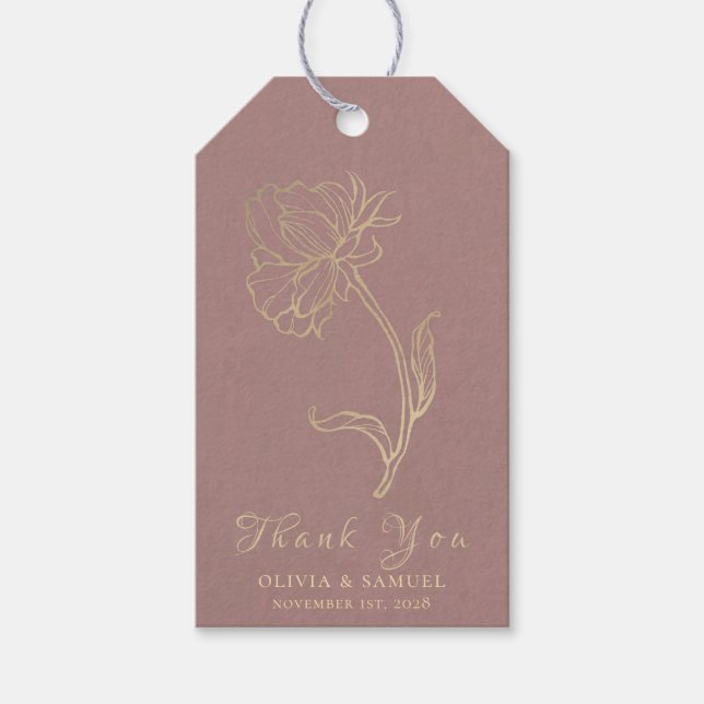 Hochzeitsdanken Sie Gold Blume Dusty Rose Script Geschenkanhänger (Vorderseite)