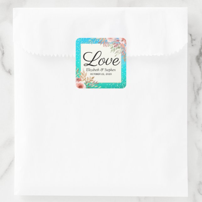 Hochzeitsdanken Sie Moderne rosa Aquamarine golden Quadratischer Aufkleber (Tasche)